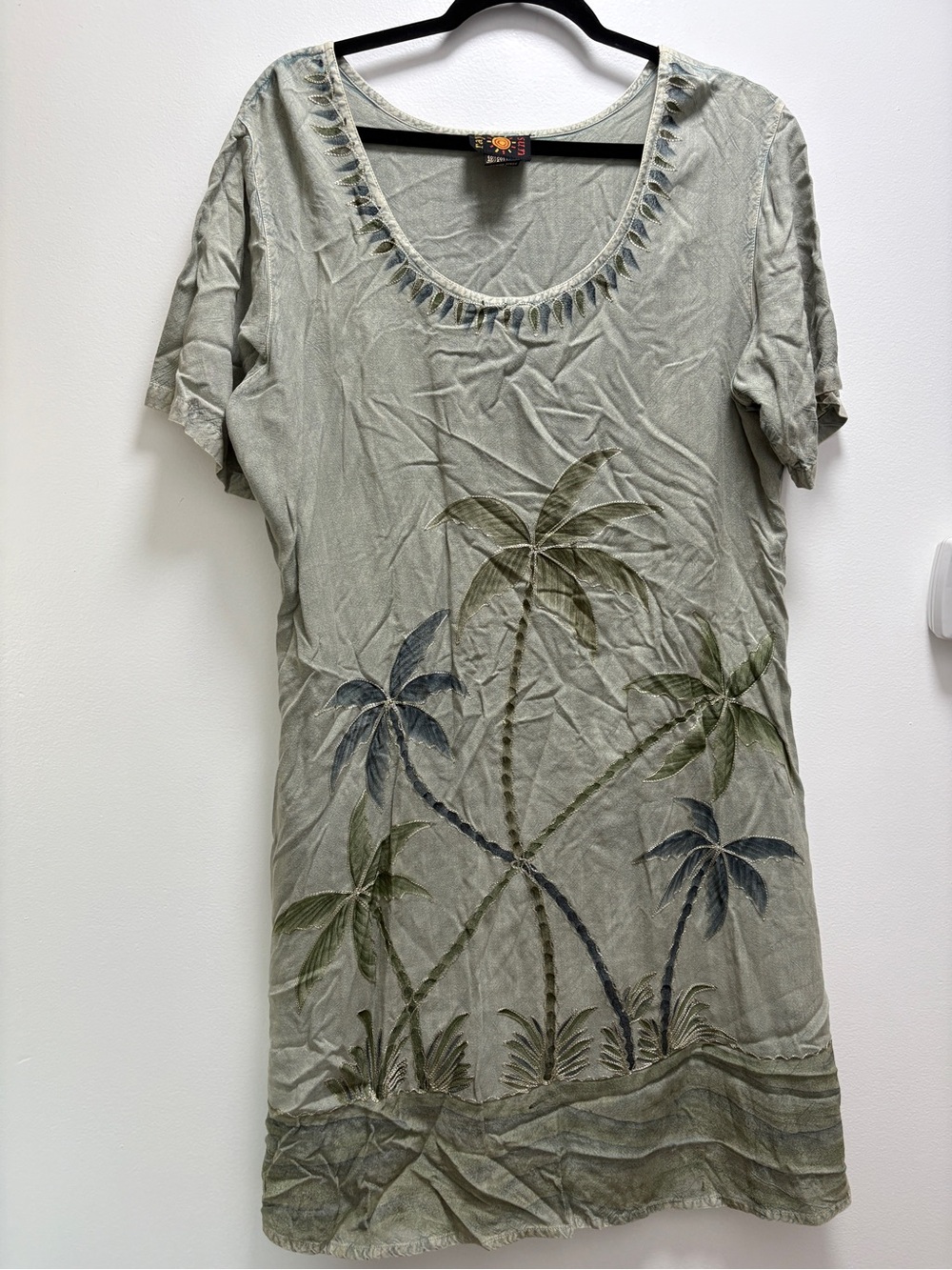 raya sun Sage Green Tropical Palm Scoop Neck Tunic 90’s Vintage Beach Dress